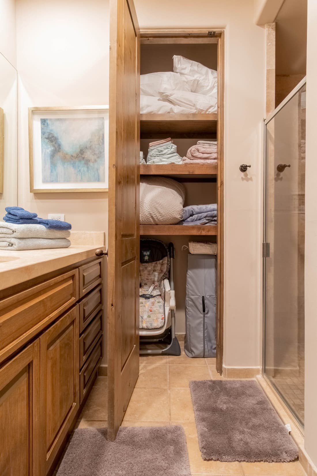 Linens for Living room sleeper sofa are inside the guest bathroom closet
