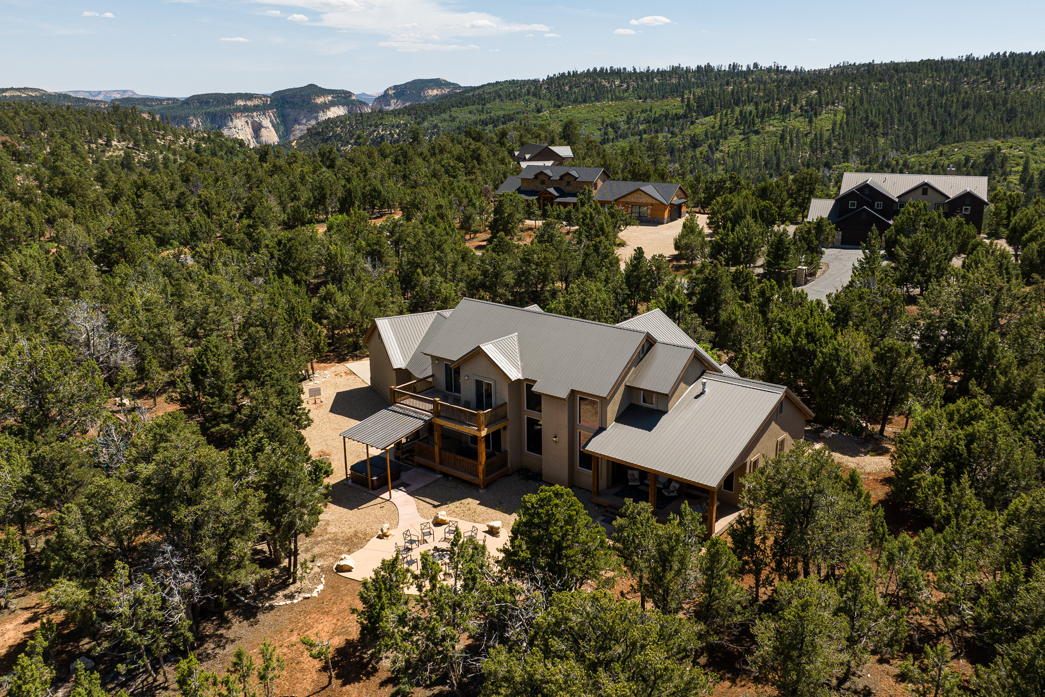 Aerial view of the house with Zion in the background