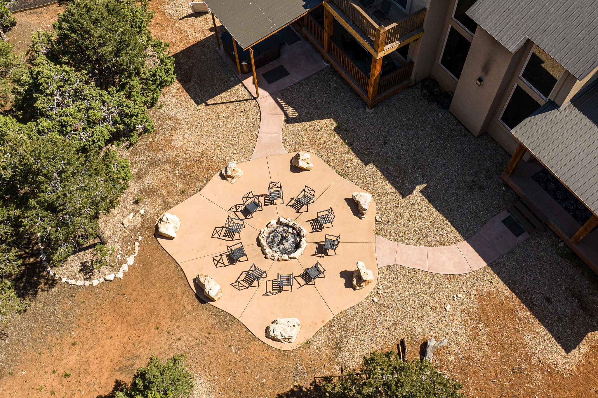 Aerial view of the backyard and fire pit
