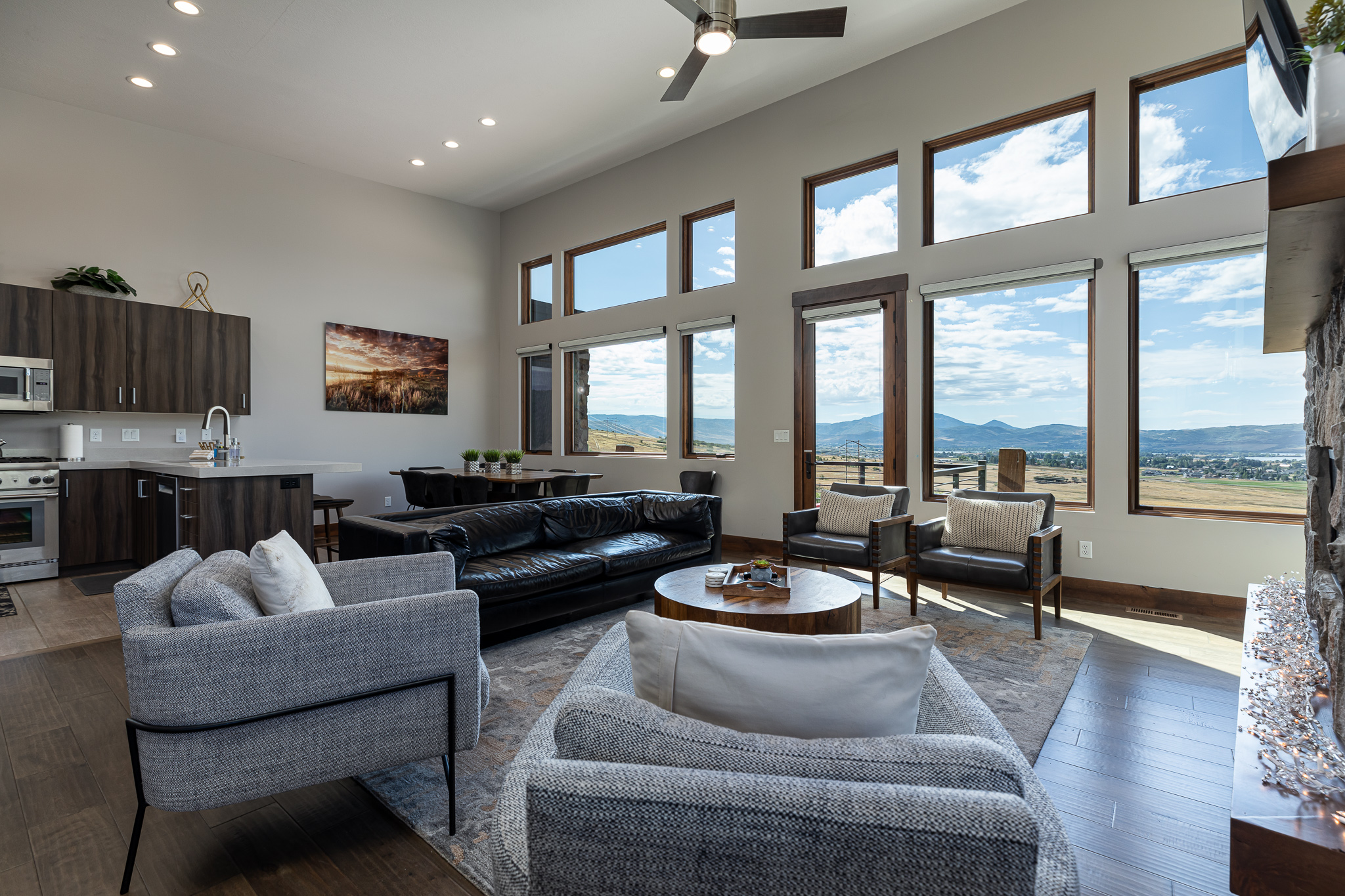 Living room, kitchen and dining room